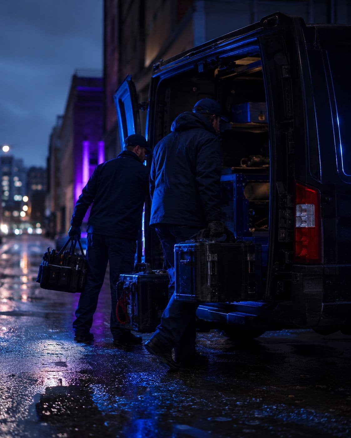 Field service crew heading out at dusk